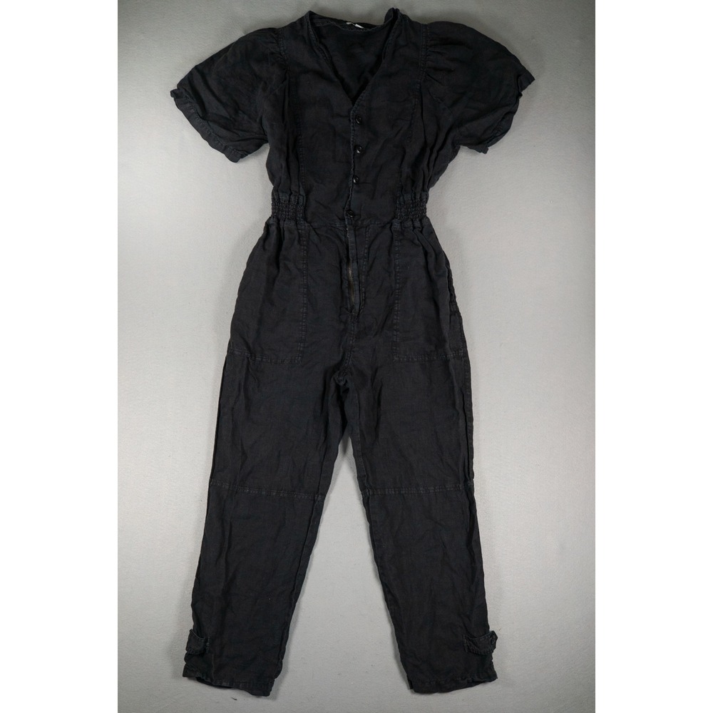 Joie Womens Jumpsuit XL Short Sleeve Smocked Waist Utility 100% Linen Black